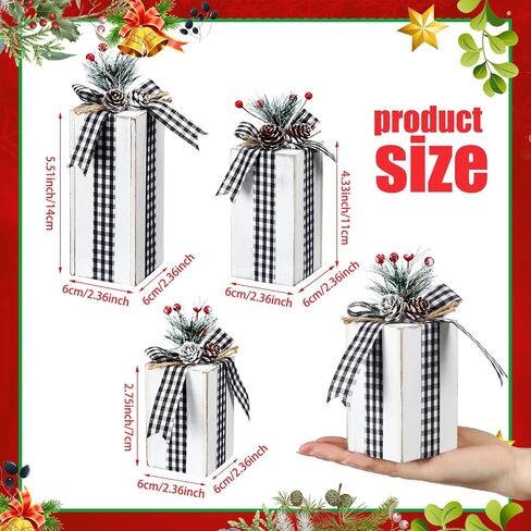 Amyhill 3 Pcs Christmas Wooden Gifts Box Decor Christmas Plaid Presents Table Centerpieces Rustic Wooden Gifts Tiered Tray Decor with Buffalo Plaid Bowknot for Xmas Party(White,Classic) in Saudi Arabia
