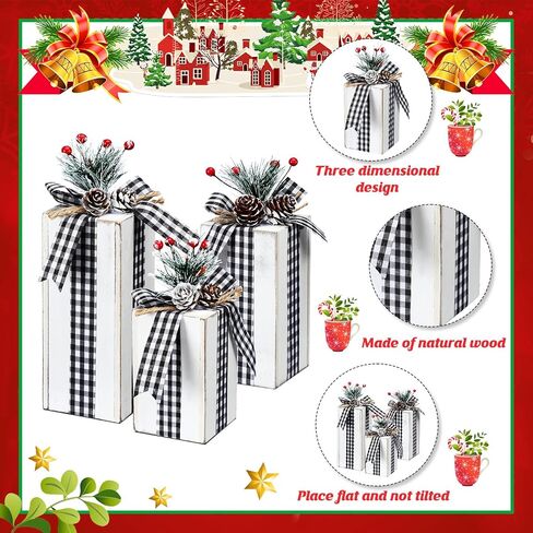 Amyhill 3 Pcs Christmas Wooden Gifts Box Decor Christmas Plaid Presents Table Centerpieces Rustic Wooden Gifts Tiered Tray Decor with Buffalo Plaid Bowknot for Xmas Party(White,Classic) in Saudi Arabia