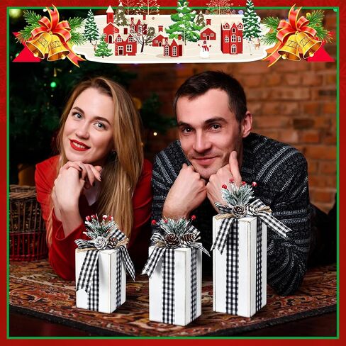 Amyhill 3 Pcs Christmas Wooden Gifts Box Decor Christmas Plaid Presents Table Centerpieces Rustic Wooden Gifts Tiered Tray Decor with Buffalo Plaid Bowknot for Xmas Party(White,Classic) in Saudi Arabia