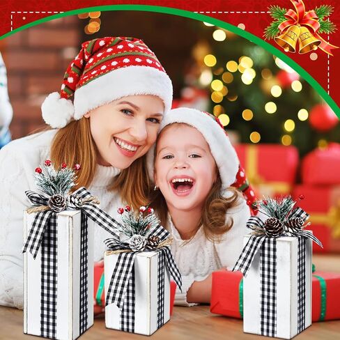 Amyhill 3 Pcs Christmas Wooden Gifts Box Decor Christmas Plaid Presents Table Centerpieces Rustic Wooden Gifts Tiered Tray Decor with Buffalo Plaid Bowknot for Xmas Party(White,Classic) in Saudi Arabia