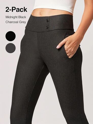 Conceited 2-Pack Stretch Slacks for Women - Wear to Work - Slim Leg Dress Pants with Pockets - Black, Charcoal - (Medium) in Kuwait