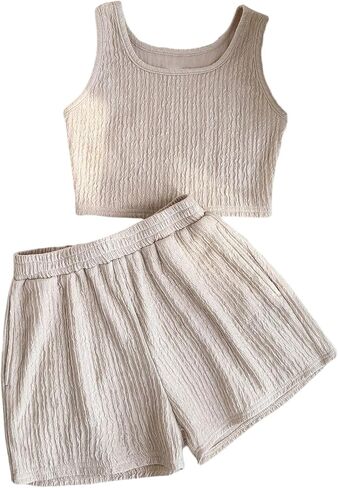 OYOANGLE Girl's 2 Piece Outfits Textured Scoop Neck Crop Tank Top and Elastic Waist Shorts Set in Saudi Arabia