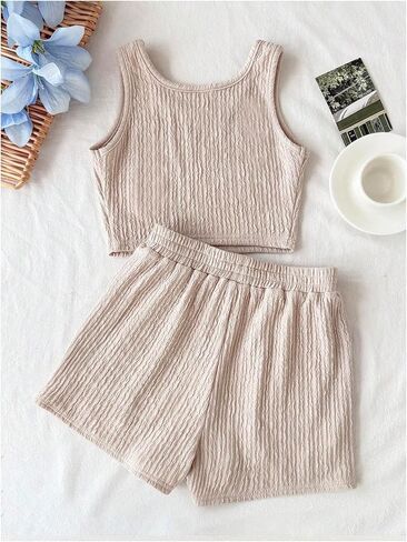 OYOANGLE Girl's 2 Piece Outfits Textured Scoop Neck Crop Tank Top and Elastic Waist Shorts Set in Saudi Arabia