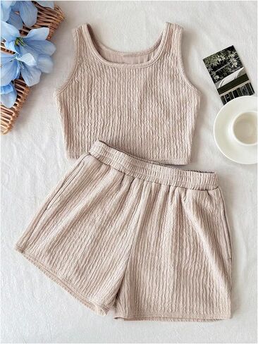 OYOANGLE Girl's 2 Piece Outfits Textured Scoop Neck Crop Tank Top and Elastic Waist Shorts Set in Saudi Arabia