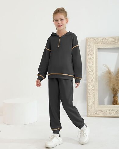 Girls Fall Winter Outfits 2 Piece Clothing Set Zipped Up Pocketed Hoodies Sweatpants Kid Sweatsuit Jogger Set 7-14Y in Kuwait