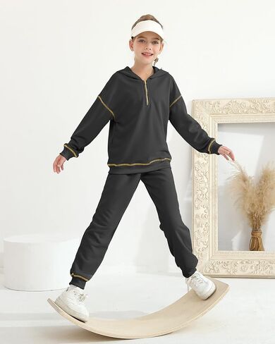 Girls Fall Winter Outfits 2 Piece Clothing Set Zipped Up Pocketed Hoodies Sweatpants Kid Sweatsuit Jogger Set 7-14Y in Kuwait