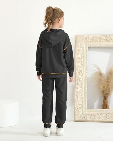 Girls Fall Winter Outfits 2 Piece Clothing Set Zipped Up Pocketed Hoodies Sweatpants Kid Sweatsuit Jogger Set 7-14Y in Kuwait