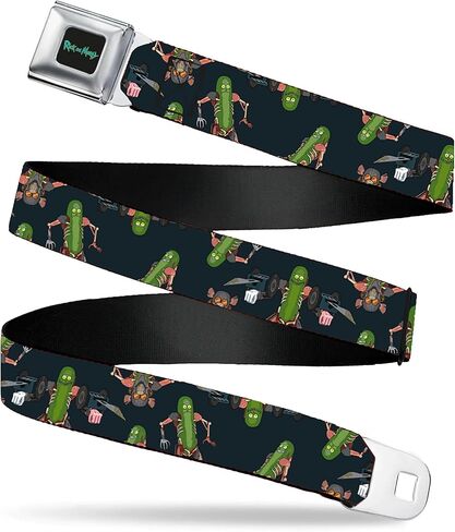 Rick and Morty Belt, Seatbelt Buckle Belt, Rick and Morty Pickle Rick Rat Suit Poses Scattered Black, Adjustable in Saudi Arabia