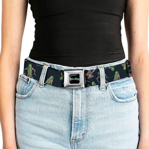 Rick and Morty Belt, Seatbelt Buckle Belt, Rick and Morty Pickle Rick Rat Suit Poses Scattered Black, Adjustable in Saudi Arabia