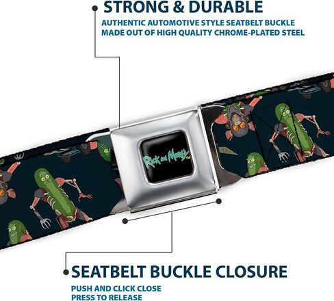 Rick and Morty Belt, Seatbelt Buckle Belt, Rick and Morty Pickle Rick Rat Suit Poses Scattered Black, Adjustable in Saudi Arabia