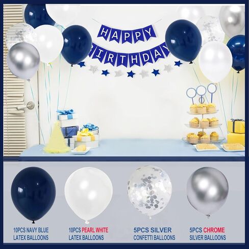 Birthday Decorations Men Blue | Navy Blue White Silver Party Decorations | Navy Blue and Silver Balloons with Happy Birthday Banner, Tissue Pompoms, Hanging Swirl Streamer, Tassels Garland in Saudi Arabia