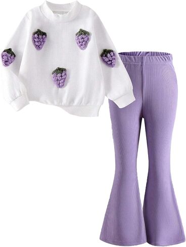 Girls 2 Piece Outfits 3D Strawberry Round Neck Long Sleeve Top+Solid Color Flared Pants Outfits Set Size 4-8 Years in Kuwait