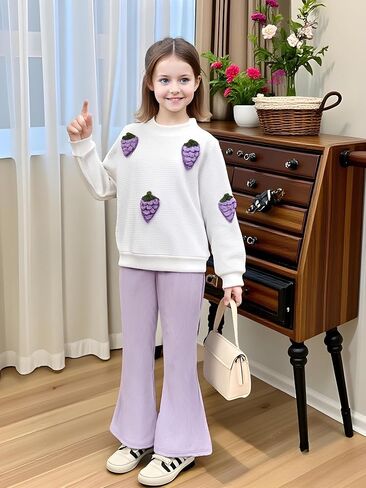 Girls 2 Piece Outfits 3D Strawberry Round Neck Long Sleeve Top+Solid Color Flared Pants Outfits Set Size 4-8 Years in Kuwait