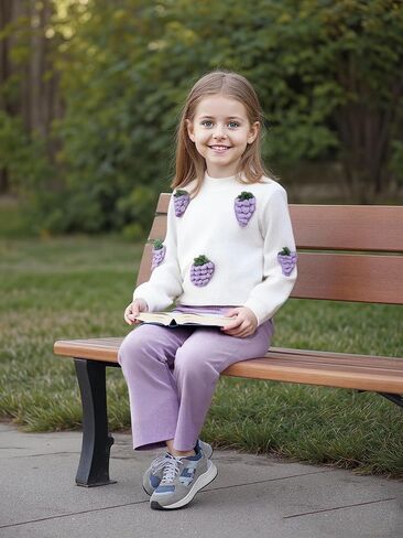 Girls 2 Piece Outfits 3D Strawberry Round Neck Long Sleeve Top+Solid Color Flared Pants Outfits Set Size 4-8 Years in Kuwait