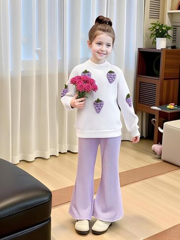 Girls 2 Piece Outfits 3D Strawberry Round Neck Long Sleeve Top+Solid Color Flared Pants Outfits Set Size 4-8 Years in Kuwait