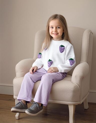 Girls 2 Piece Outfits 3D Strawberry Round Neck Long Sleeve Top+Solid Color Flared Pants Outfits Set Size 4-8 Years in Kuwait