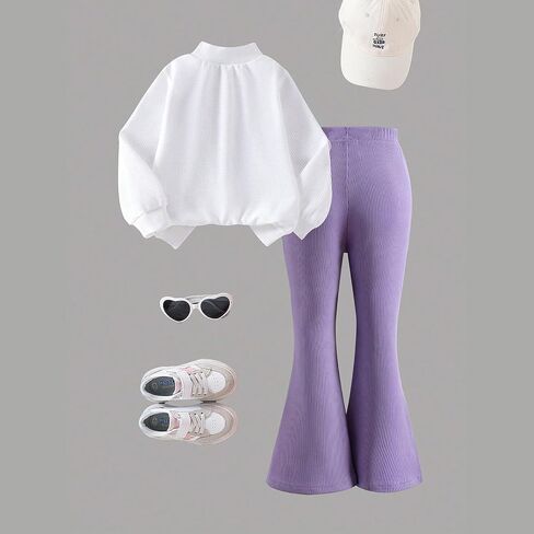 Girls 2 Piece Outfits 3D Strawberry Round Neck Long Sleeve Top+Solid Color Flared Pants Outfits Set Size 4-8 Years in Kuwait