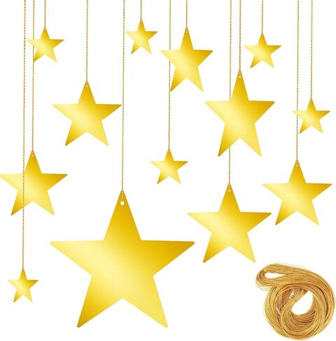 24Pcs Gold Hanging Stars Decorations, Glitter Star Cutouts with 55 Yard Gold Nylon String Double Sided Star Cardboard for Wedding Birthday Party Graduation Classroom Home Wall Ceiling Decor (4 Size) in Saudi Arabia