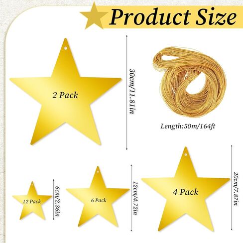 24Pcs Gold Hanging Stars Decorations, Glitter Star Cutouts with 55 Yard Gold Nylon String Double Sided Star Cardboard for Wedding Birthday Party Graduation Classroom Home Wall Ceiling Decor (4 Size) in Saudi Arabia
