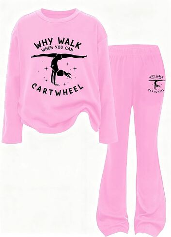 Girls 2 Piece Outfits Graphic Crew Neck Long Sleeve Tops And Flare Leggings Set in Saudi Arabia