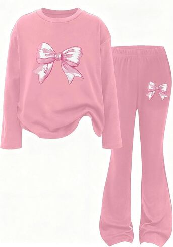 Girls 2 Piece Outfits Graphic Crew Neck Long Sleeve Tops And Flare Leggings Set in Saudi Arabia