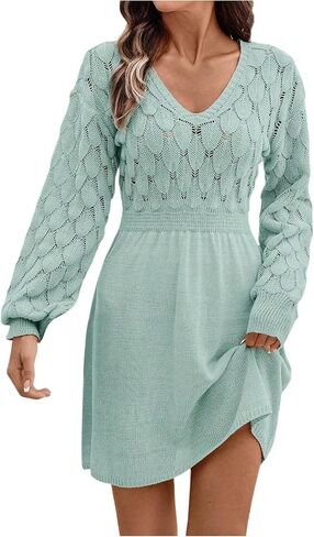 Sweater Dress for Women Long Sleeve V Neck Solid Color Fall Winter A Line Mini Dresses Casual Fashion Soft Jumpsuit in Saudi Arabia
