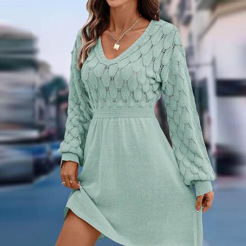 Sweater Dress for Women Long Sleeve V Neck Solid Color Fall Winter A Line Mini Dresses Casual Fashion Soft Jumpsuit in Saudi Arabia