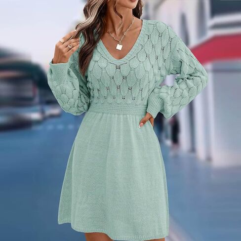 Sweater Dress for Women Long Sleeve V Neck Solid Color Fall Winter A Line Mini Dresses Casual Fashion Soft Jumpsuit in Saudi Arabia
