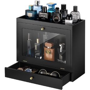 Perfume Organizer for Men, Wood Perfume Display Stand with Velvet Lining Drawer,Capacity Dustproof Perfume Holder for Watch,Jewelry,Perfume Display Risers,A Gift for Men (Black) in Saudi Arabia