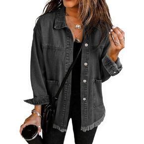 Choichic Women's Oversized Denim Jean Jacket Coat Frayed Hem Button Down Western Shacket With Pockets Fall Outfits in Kuwait