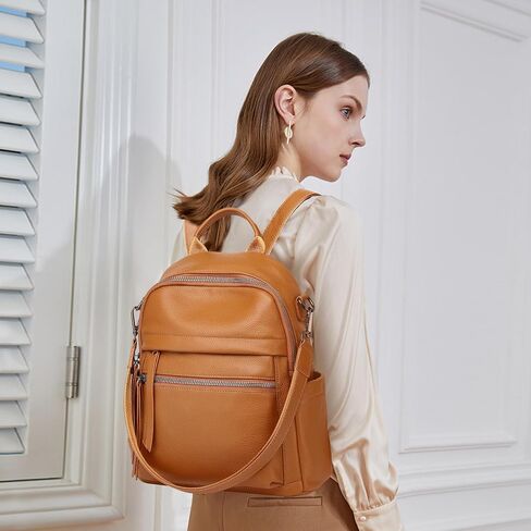 Genuine Leather Backpack Purse For Women Orange Brown Real Soft Leather Convertible Ladies Daypack Shoulder Bag in Kuwait
