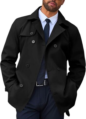 Runcati Mens Trench Coat Double Breasted Notched Lapel Jacket Casual Belted Windbreaker Overcoat in Kuwait