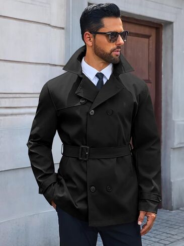 Runcati Mens Trench Coat Double Breasted Notched Lapel Jacket Casual Belted Windbreaker Overcoat in Kuwait