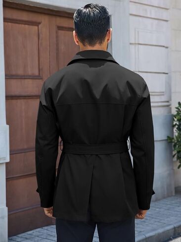 Runcati Mens Trench Coat Double Breasted Notched Lapel Jacket Casual Belted Windbreaker Overcoat in Kuwait