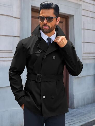 Runcati Mens Trench Coat Double Breasted Notched Lapel Jacket Casual Belted Windbreaker Overcoat in Kuwait