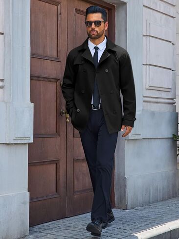 Runcati Mens Trench Coat Double Breasted Notched Lapel Jacket Casual Belted Windbreaker Overcoat in Kuwait