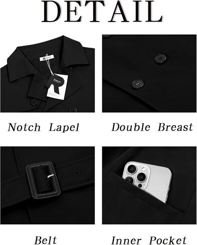 Runcati Mens Trench Coat Double Breasted Notched Lapel Jacket Casual Belted Windbreaker Overcoat in Kuwait