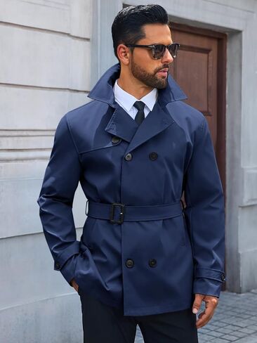 معطف Runcati Mens Trench Coat مزدوج الصدر من طية صدر السترة المصنفة معطفًا غير رسمي. in Saudi Arabia