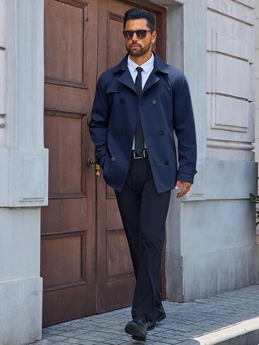 معطف Runcati Mens Trench Coat مزدوج الصدر من طية صدر السترة المصنفة معطفًا غير رسمي. in Saudi Arabia
