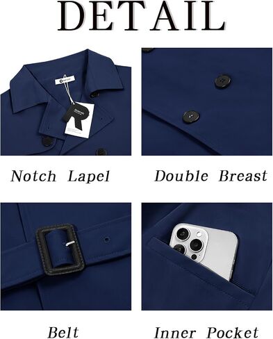 معطف Runcati Mens Trench Coat مزدوج الصدر من طية صدر السترة المصنفة معطفًا غير رسمي. in Saudi Arabia