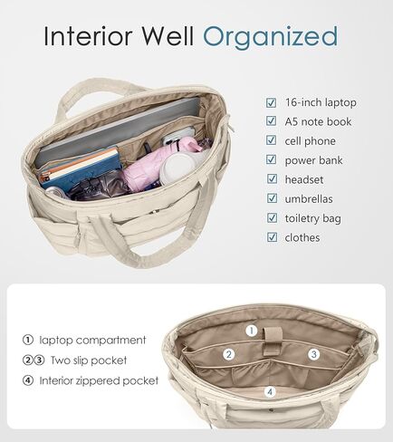 Tote Bag for Women with Zipper, Quilted Puffer Tote Bag with Compartments, Lightweight Puffy Work Bags for Women Travel in Kuwait
