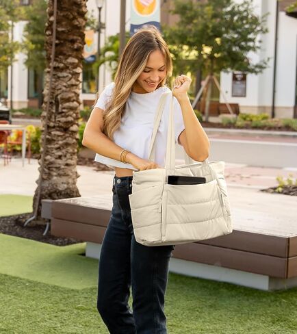 Tote Bag for Women with Zipper, Quilted Puffer Tote Bag with Compartments, Lightweight Puffy Work Bags for Women Travel in Kuwait