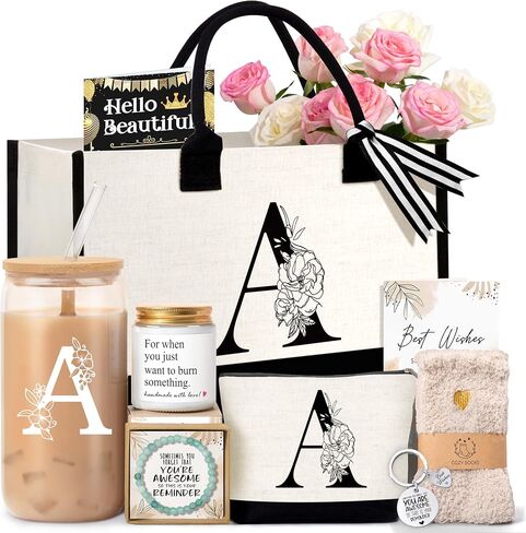 Birthday Gifts for Women, Monogrammed Initial Gift for Teacher Wife Mom, Tote Bag,Glass Cup Gift Basket Personalized Christmas Mother's Teacher Appreciation Day,K in Saudi Arabia