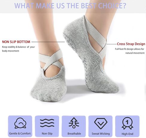 Pilates Socks with Grips for Women, Non Slip Grip Socks with Straps, Grippy Sock for Yoga Workout Barre Size 5.5-11 in Saudi Arabia