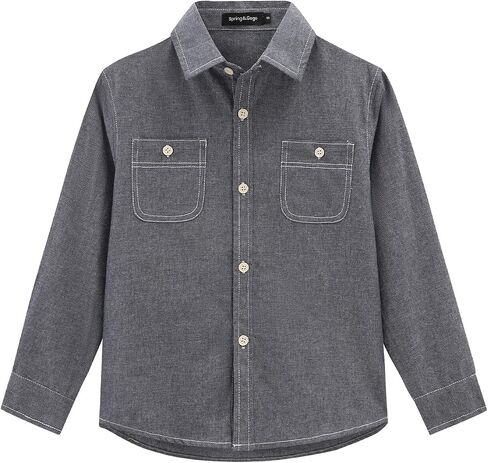 Spring&Gege Boys' Long Sleeve Chambray Shirt Casual Cotton Woven Button Down Shirt with Two Pockets in Saudi Arabia