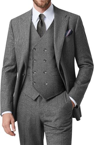 دعاوى عتيقة Tweed Herringbone للرجال 2 زر رفيع النحافة 3 قطعة من الصوف الرسمي بدلة السترة سترة السراويل الرجال in Kuwait
