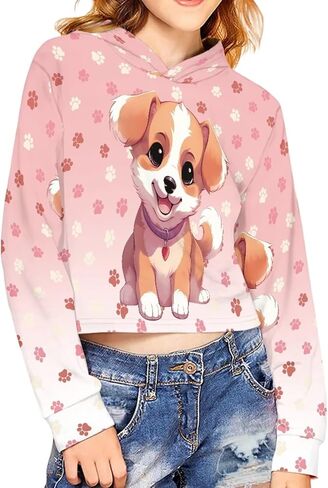 Crop Top Hoodies for Girls Long Sleeve Crop Hoodie Kids Sports Shirt Cropped Top Cartoon Pullover Hooded Size 6-14 in Saudi Arabia