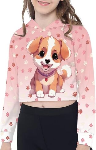 Crop Top Hoodies for Girls Long Sleeve Crop Hoodie Kids Sports Shirt Cropped Top Cartoon Pullover Hooded Size 6-14 in Saudi Arabia