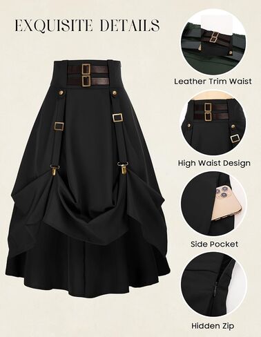 Gothic Skirt for Women Steampunk Pirate A-Line Skirts with Pockets Green S in Saudi Arabia