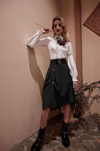 Gothic Skirt for Women Steampunk Pirate A-Line Skirts with Pockets Green S in Saudi Arabia
